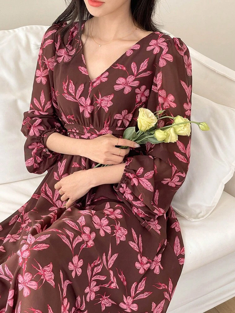 Women's Floral Print V-Neck Lantern Sleeve Dress,Fall Dress Long Sleeve Dress Maxi Dress