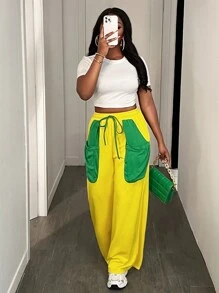 BamGleam Women's Casual Contrast Color Patchwork Front Tie Large Pocket Sweatpants Fall Cloth For Women