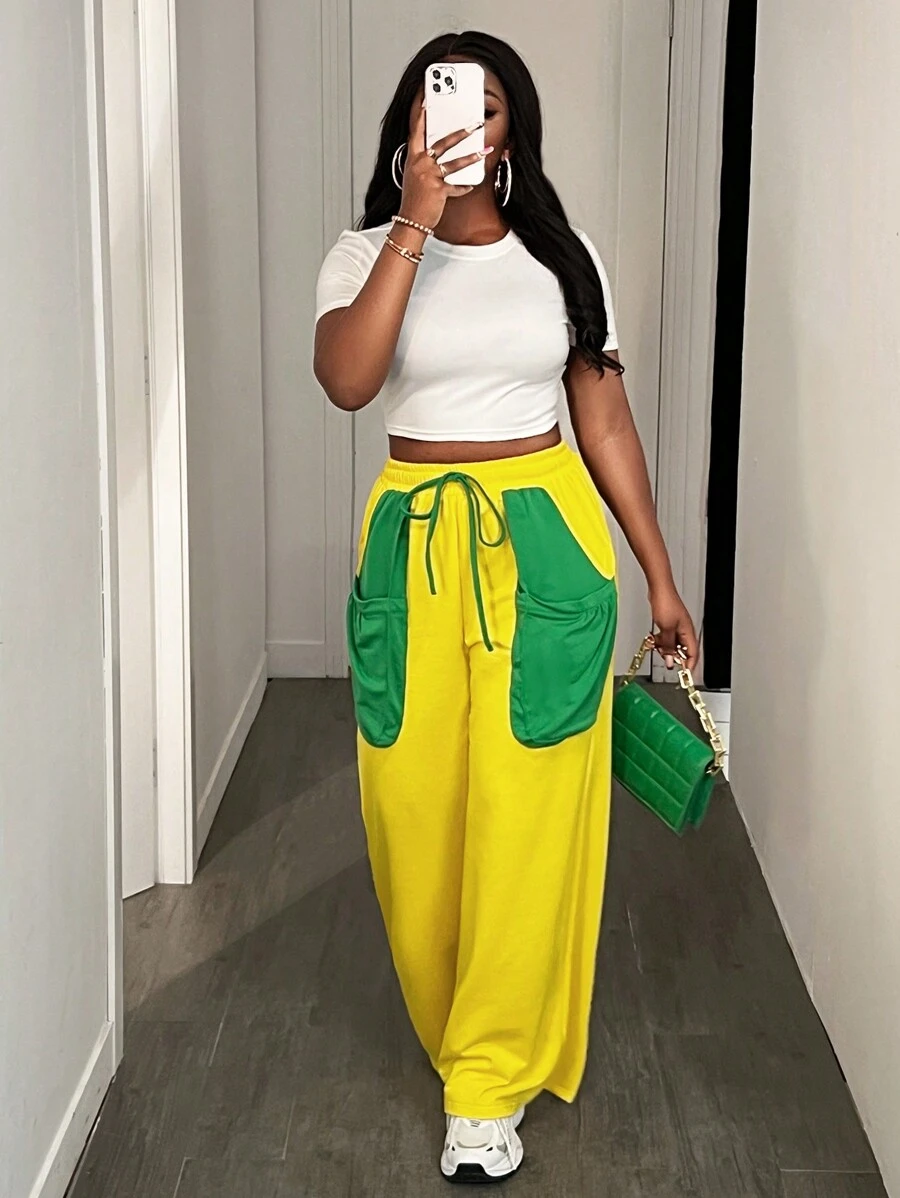 BamGleam Women's Casual Contrast Color Patchwork Front Tie Large Pocket Sweatpants Fall Cloth For Women