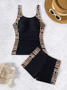 Swim Lushoire 2pcs/Set Women Summer New Tankini Khaki Random Geometric Print Sleeveless Ruched Midriff Modest Swimwear With Boyleg Shorts,Swimming, Surfing Beach Holiday Mature Sports Camisole Strap Tankini Set