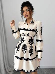 Elenzga Casual Long Sleeve Printed Waist Cinched Dress For Women Fall Cloth For Women - Apricot - View 4