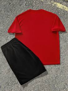 Manfinity Homme Men's Branded Color Block Crew Neck Short Sleeve Letter Print Everyday Top And Shorts Set - Red - View 3