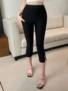 DAZY Pantalones capri ajustados de unicolor, versátiles y casuales con abertura para otoño e invierno para mujer - Negro - Ver 5