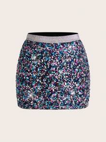 SHEIN Essnce Plus Size Women Solid Color Patchwork Minimalist Fitted A-Line Skirt, Casual Vacation