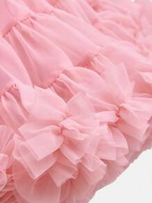 SHEIN 女婴幼儿 0-3 岁基本款奢华多层网眼蝴蝶结装饰蓬蓬蛋糕芭蕾短裙芭蕾舞裙，粉色芭蕾短裙