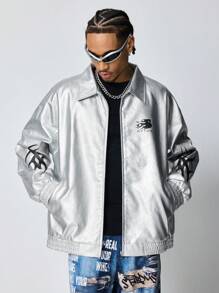 ROMWE MEN Street Life Men's Fashion Metallic Graphic Print Racing Jacket - Silver - View 4