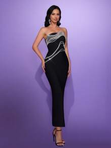 Glamrae 优雅黑色露肩无袖手工银色图案水钻装饰长款绷带礼服晚礼服 - 黑色 - 查看 5