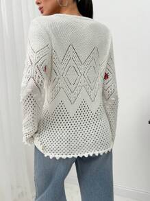 RueChic WOMEN Flower Embroidered Seasonless Diamond Patterned Bobble Knit Sweater - White - View 5