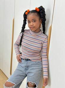 Slaydiva Tween Girls Casual Multicolor Striped Knit High Neck Long Sleeve Sweater - Baby Pink - View 1