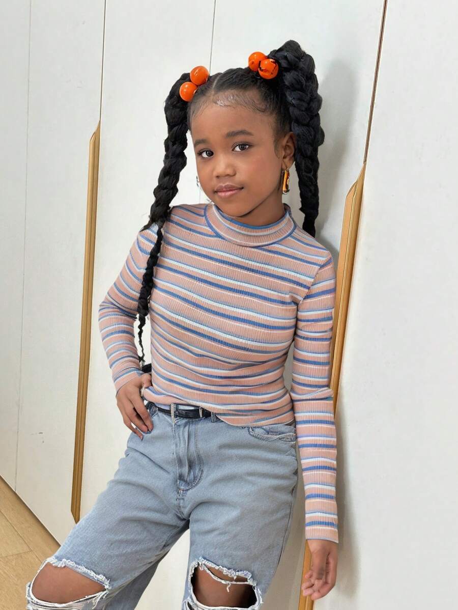 Slaydiva Tween Girls Casual Multicolor Striped Knit High Neck Long Sleeve Sweater - Baby Pink - View 1