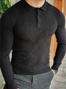 Manfinity Homme Men's Solid Color Button Front Long Sleeve Casual Pullover Sweater - Black - View 1