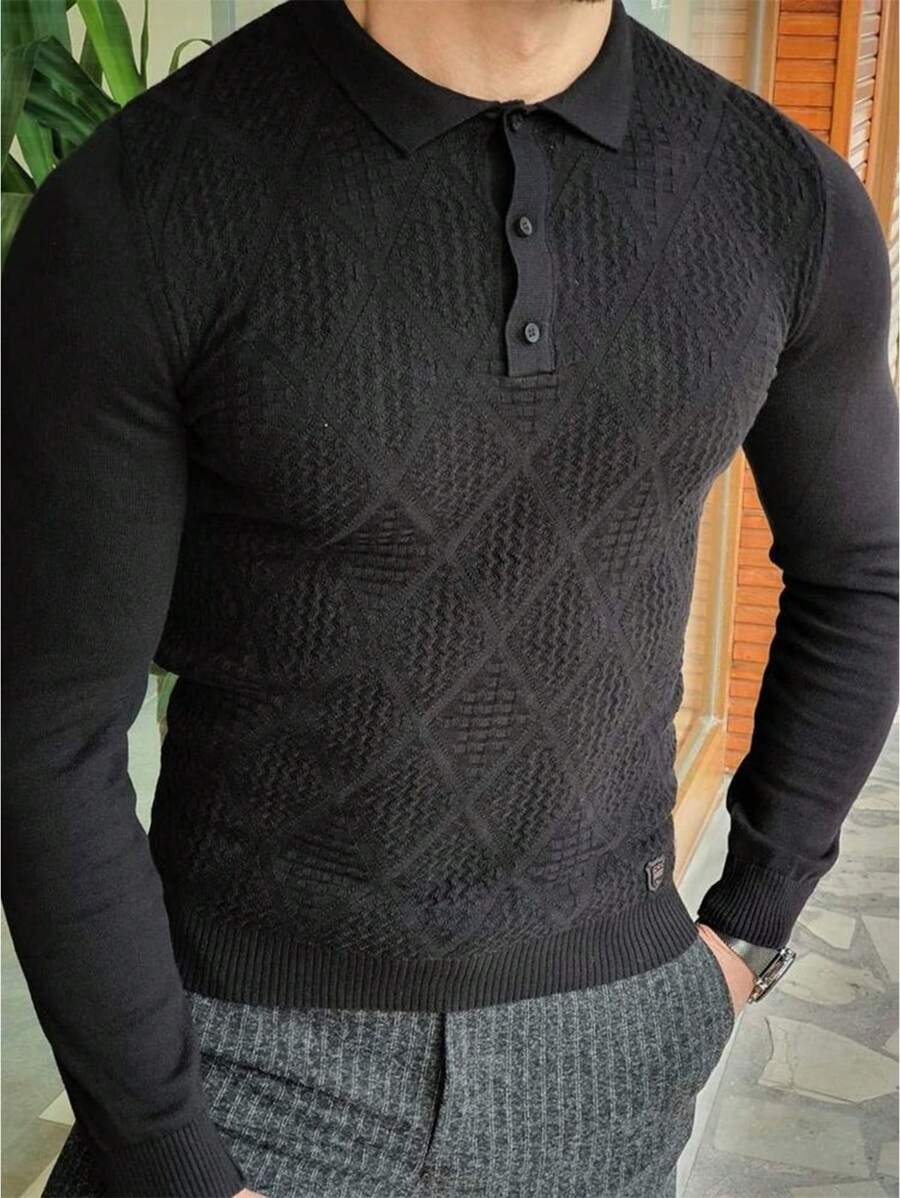 Manfinity Homme Men's Solid Color Button Front Long Sleeve Casual Pullover Sweater - Black - View 1