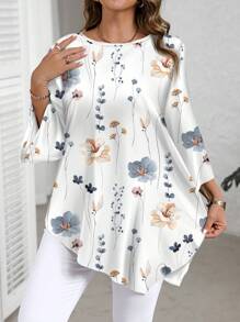 EMERY ROSE Casual Minimalist Ditsy Floral All-Over Print Plus Size Shirt, Spring/Autumn Blouses For Women Elegant Shirts Women Blouses Spring Blouses For Women Autumn And Winter Chic Blouses For Women - Multicolor - View 1