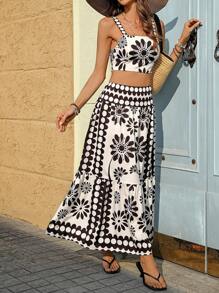 Breezaya Conjunto casual de vacaciones de 2 piezas con top de tirantes elásticos sin mangas y falda larga, con cremallera lateral invisible - Multicolor - Ver 4