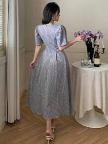 DAZY 女士优雅荷叶边袖 A 字中长连衣裙太阳裙，婚礼礼服 - 藍色 - 查看 2