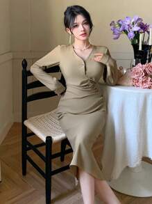 DAZY Vestido midi asimétrico drapeado liso para mujeres