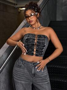 SHEIN ICON Plus Size Strapless Collar Simple Fitted Casual Denim Top - Black - View 1