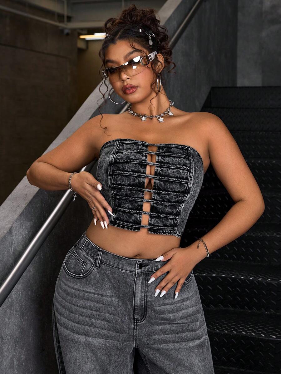 SHEIN ICON Plus Size Strapless Collar Simple Fitted Casual Denim Top - Black - View 1