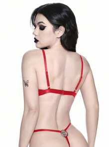 ROMWE Goth 哥特摇滚朋克音乐节铆钉五角星 PU 无线内衣套装 - 紅色 - 查看 4