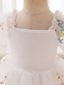 SHEIN Glamorique Kids 女童白色网眼花叶刺绣蓬松连衣裙，适合花童、复活节、生日派对、婚礼、节日、舞台表演、拍照，四季舒适 - 白色 - 查看 7