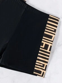 Swim Lushoire 2pcs/Set Women Summer New Tankini Khaki Random Geometric Print Sleeveless Ruched Midriff Modest Swimwear With Boyleg Shorts,Swimming, Surfing Beach Holiday Mature Sports Camisole Strap Tankini Set