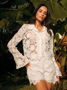 Anewsta Blusa blanca casual y holgada con encaje calado, adecuada para la playa y festivales - Blanco - Ver 7