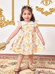 SHEIN Sukienka dla dziewczynki na lato z krótkim rękawem i falbaniastym kołnierzykiem w kwiatowy wzór - Biały - Zobacz 1