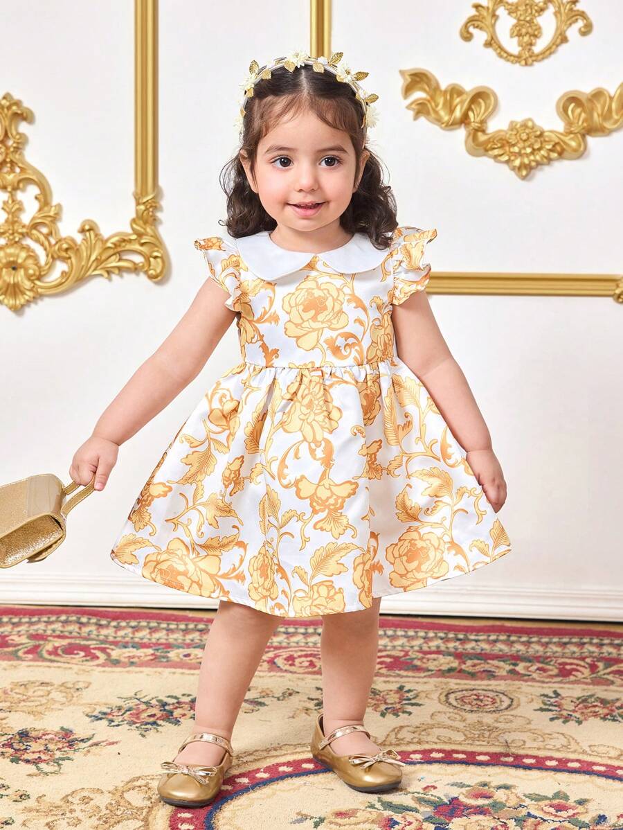 SHEIN Sukienka dla dziewczynki na lato z krótkim rękawem i falbaniastym kołnierzykiem w kwiatowy wzór - Biały - Zobacz 1