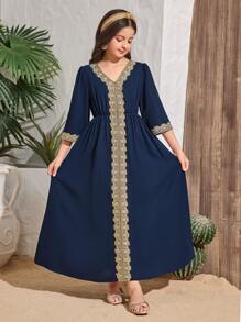 Tween Girls' Elegant V-Neck Long Sleeve Dress