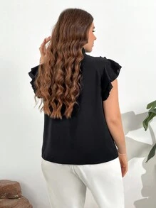 SHEIN Privé Plus Size Women Elegant Versatile Ruffled Sleeve Solid Color Open Front Shirt, Suitable For Work, Casual, Tea Party, Date, Concert, Party, Beach Photography