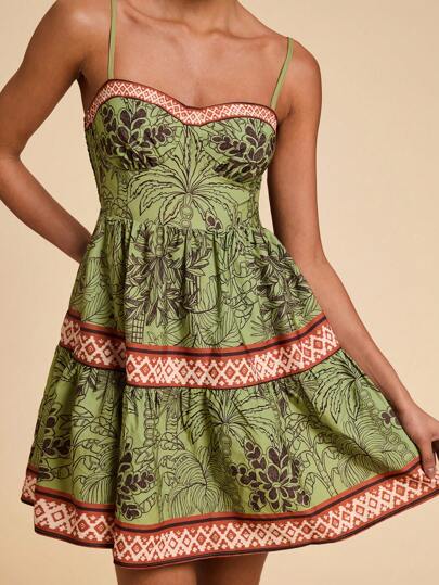 Travachic Green Summer Tropical Holiday Vacation Woven Printed Spaghetti Strap Women Mini Dress, Elegant Bohemian Outfits For Beach, Wedding Festival
