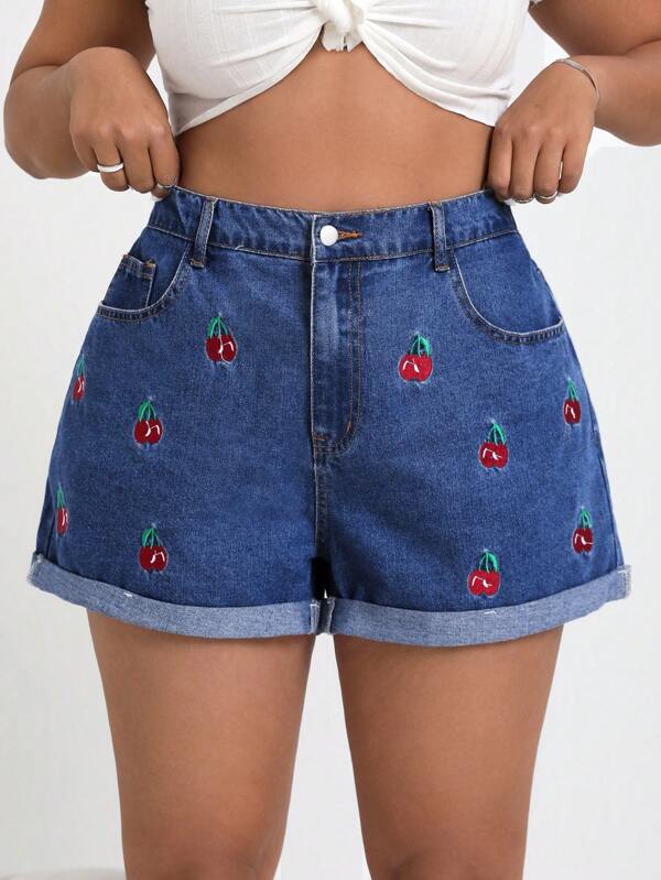 SHEIN ICON Shorts de mezclilla casuales con bolsillos y estampado de cerezas para mujeres de talla grande