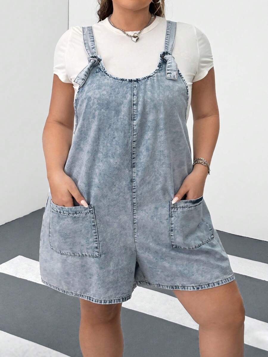 SHEIN CURVE+ Extra Plus Size Distressed Denim Jumpsuit, Suitable For Summer Vacation Boho Vacation - Blue - View 1