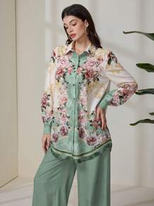 Mulvari 2 件套女士优雅花卉印花长袖上衣和裤子套装 - 彩色 - 查看 3