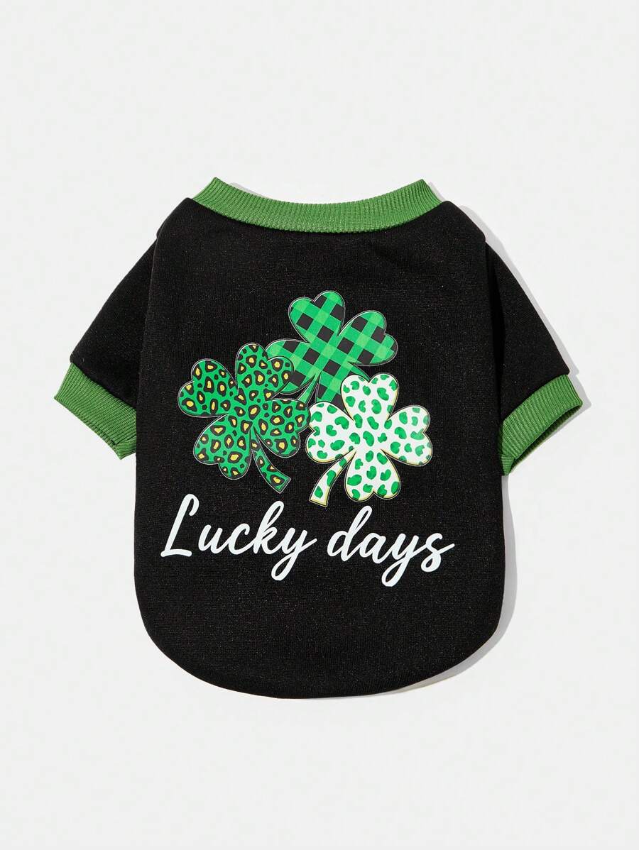 PETSIN 1 件男女通用狗猫图案休闲三叶草印花套头衫，黑色 - 彩色 - 查看 1