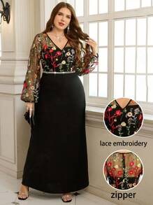 Gownix Spring Women Embroidered Mesh Patchwork Long Black Fishtail Dress, Elegant, Party And Daily Wear, Plus Size Dresses Elegant Dresses Romantic Dresses Women Summer Dresses Women Summer Dresses Elegant Women Dresses Women Spring Dresses