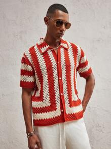 AKNOTIC Party Men Knitted Fitted Turndown Collar Short Sleeve Casual Cardigan Fall Sweater, Suitable For Daily Wear - Red and White - View 7