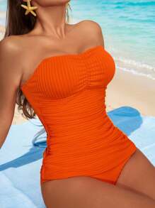 Swim Lushoire Tankini casual para mujer con bandeau fruncido de unicolor para verano