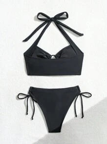 SHEIN Swim Springbreak Women Solid Color Elegant Cross Front Lace-Up Bikini Set Swimwear - Black - View 5