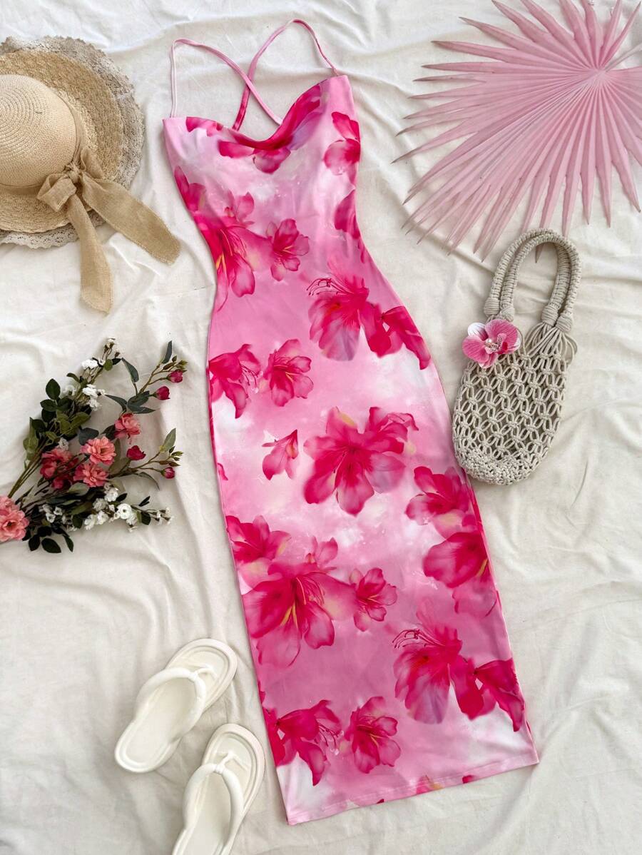 Soleia Women Floral Print Spaghetti Strap Backless Bodycon Dress - Red Violet - View 1