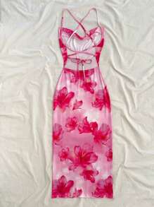 Soleia Women Floral Print Spaghetti Strap Backless Bodycon Dress - Red Violet - View 2