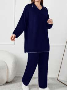 SHEIN Cottnline 详细的黑白加大码毛衣套装 - 藏蓝色 - 查看 6
