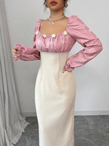 Modelyn Women's Mixed Fabric Jacquard Pink Floral Long Sleeve Bodycon Elegant Dress
