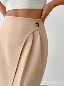 SHEIN PETITE Women's Button Detailed Pleated Skirt - Apricot - View 4