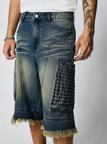 ROMWE MEN Street Life Short en jean décontracté ample avec ourlet brut et poches pour hommes - Bleu azur - Voir 6