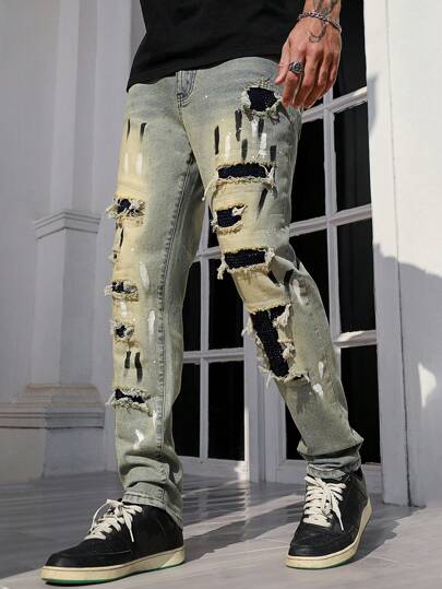 Grunge Punk Jeans skinny déchirés en diamant pour hommes, simple, élégant et décontracté pour tous les jours