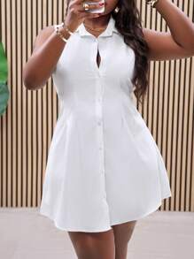 Slaydiva Plus Size Women White Sleeveless Waist Gathered Shirt Style Short Mini Dress, Elegant Commuter Casual Wear, Spring/Summer,Graduation Dress