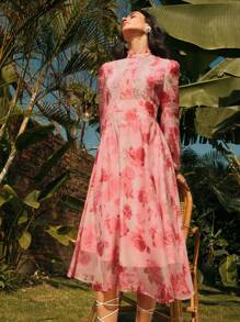 Anewsta 法式粉红玫瑰花卉蕾丝拼接长袖 A 字裙，优雅的春季、度假、复活节、早午餐装扮 - 粉色 - 查看 3