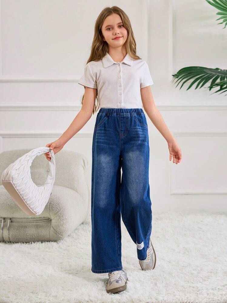 Girls Y2K Style Washed Blue Wide Leg Casual Loose Fit Jeans With Decorative Ankle Patch, Simple Fashionable And Versatile Design For Daily Wear - Dark Wash - View 6