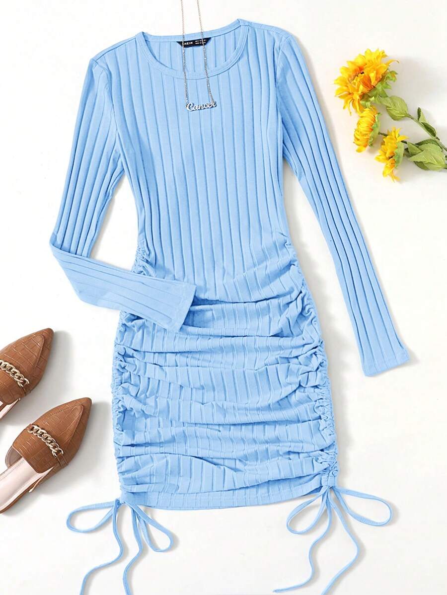SHEIN EZwear Vestido ajustado con fruncido lateral con cordón - Celeste - Ver 1